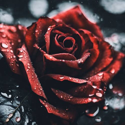 Una vista ravvicinata di un petalo di rosa nera vellutata dopo una pioggia mattutina.