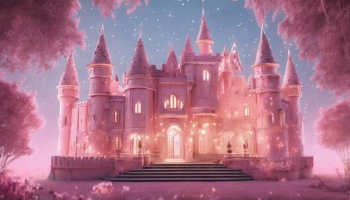 Castelo de fantasia banhado em luz rosa pastel com estrelas cintilantes.