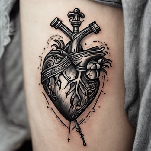 Classic heart and dagger tattoo inked in the traditional old school style.