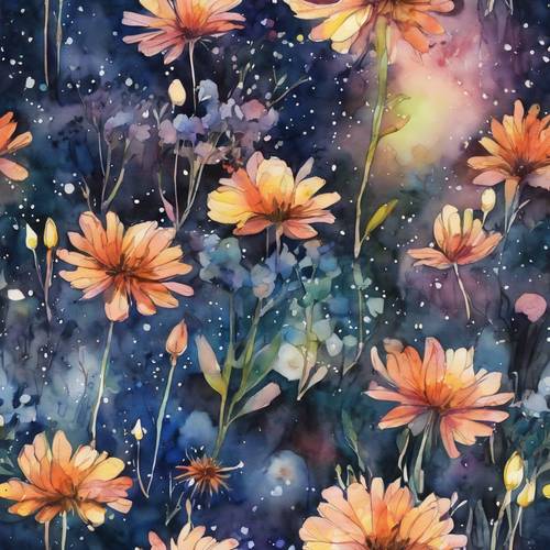 一幅水彩梦境画，描绘了午夜时分被闪闪发光的花朵照亮的花园。
