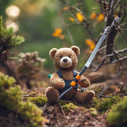 Un taille-arbre ours en peluche coupant soigneusement des branches de jouets dans un paysage boisé sauvage.