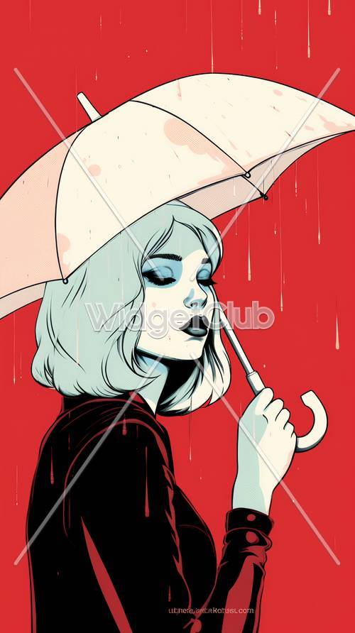 Mädchen mit Regenschirm im roten Regen