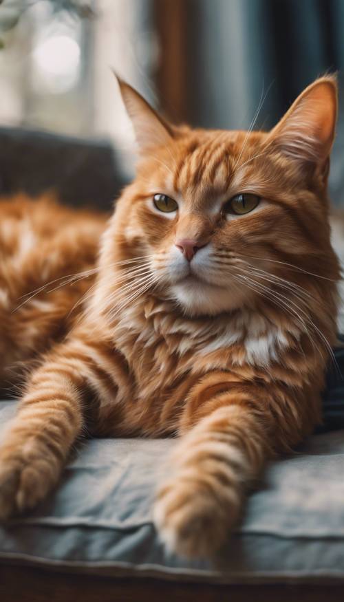 Obraz przedstawiający pięknego, pomarańczowego pręgowanego kota, wylegującego się spokojnie, z rudym futrem ozdobionym charakterystycznymi ciemnymi paskami.