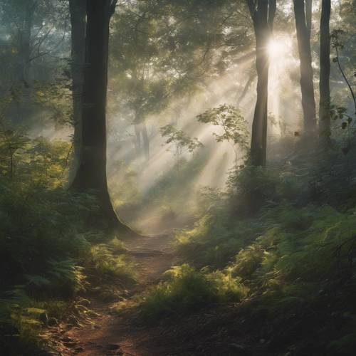 Promienie słońca przebijają się przez starożytny, wypełniony mgłą las, tworząc eteryczny krajobraz.