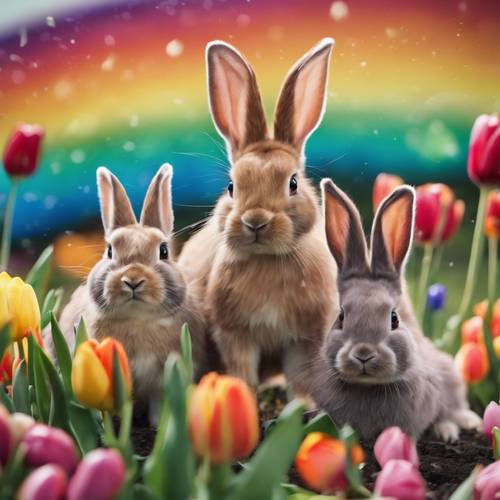 Uma infinidade de coelhos coloridos e brincalhões de diferentes raças e tamanhos brincam em um jardim repleto de tulipas coloridas sob um arco-íris.