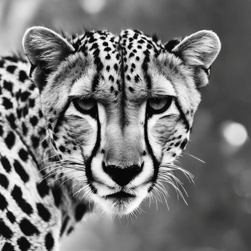 Una imagen en blanco y negro de alto contraste que enfatiza los patrones únicos en las manchas de un guepardo.