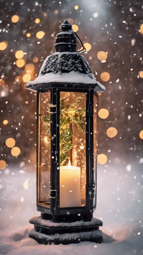 Черный металлический фонарь в викторианском стиле, тепло светящийся чайной лампой, стоит рядом с кустом падуба под легким рождественским снегопадом.
