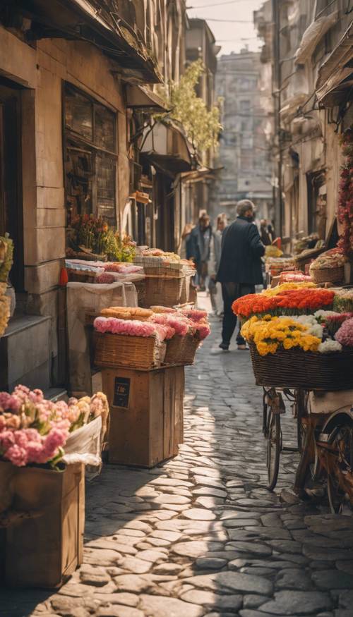 Vecchie strade di Istanbul con sentieri acciottolati e un venditore di fiori in una giornata di sole.