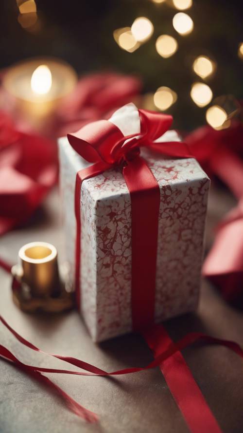 Eine wunderschön als Geschenk verpackte Schachtel mit roter Schleife liegt auf einem Esstisch und wartet darauf, geöffnet zu werden.