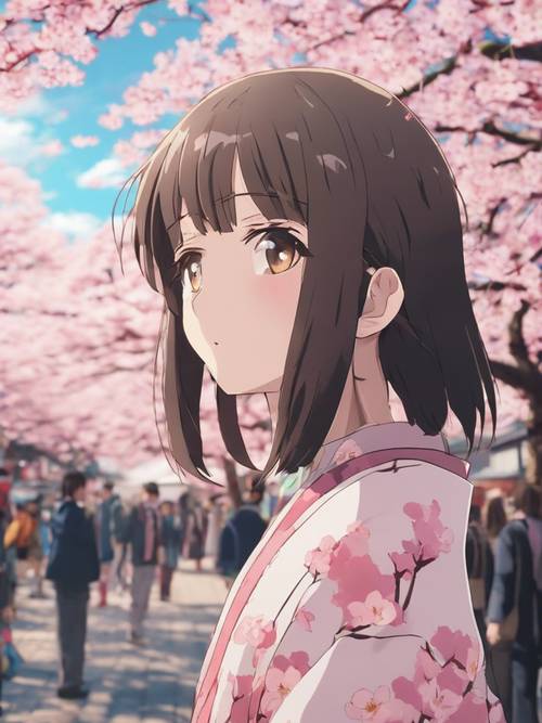 Un festival en un pueblo japonés, lleno de personajes inspirados en el anime que disfrutan de la temporada de floración de los cerezos.