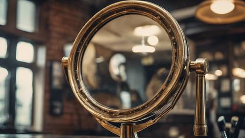 A steampunk styled brass grooming mirror in a vintage barber shop.