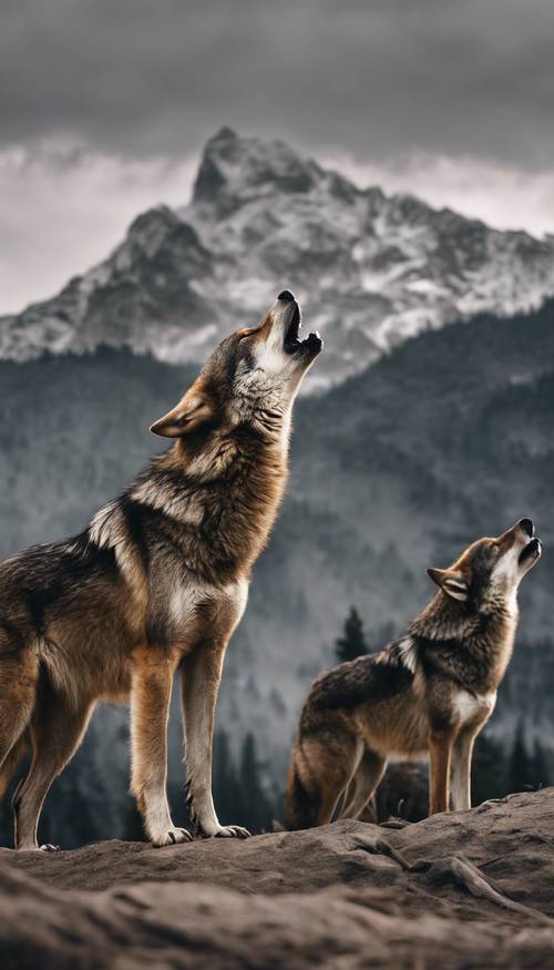 A pack of brown wolves howling against a backdrop of gray mountains.