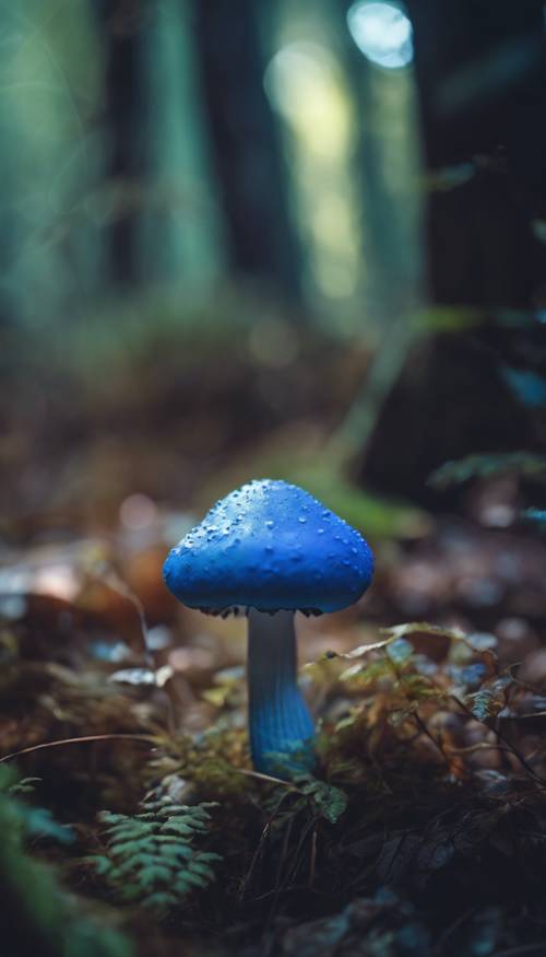 Um encantador cogumelo azul brilhando suavemente na vegetação rasteira escura de uma floresta encantada.