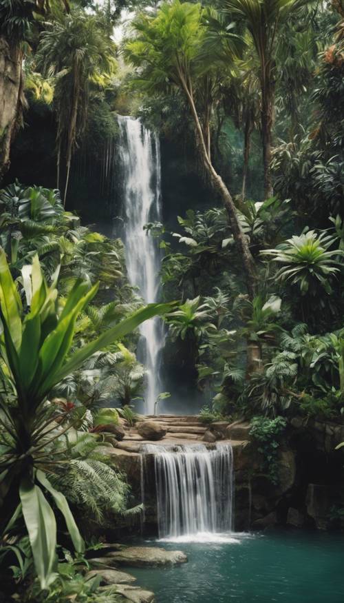 A panoramic view of a tropical botanical garden with waterfalls cascading down rugged cliffs