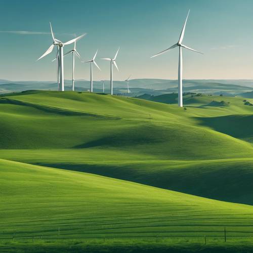 Eine Gruppe von Windturbinen auf sattgrünen Hügeln vor einem klaren blauen Himmel.