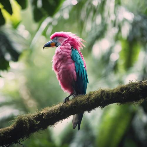 A tropical bird with pink plumage preening on a branch in the heart of a rainforest.