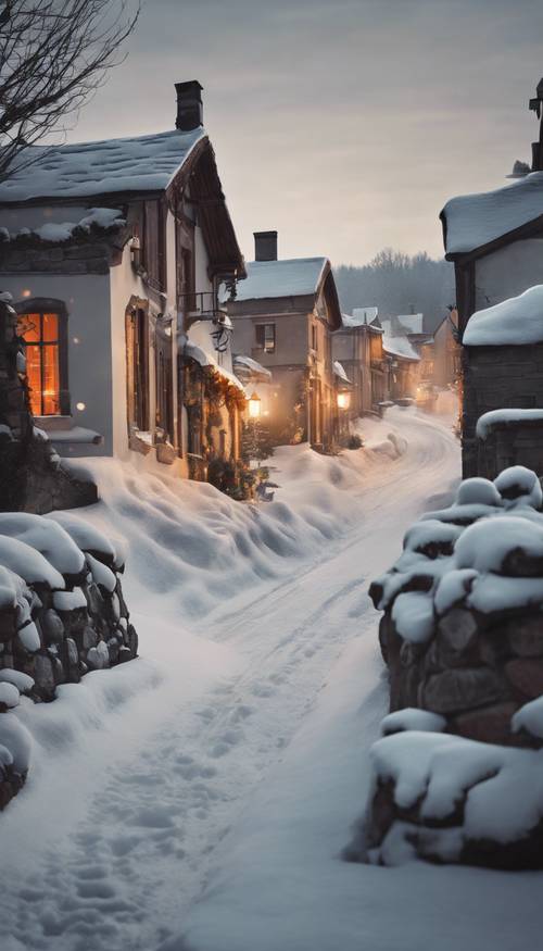 Ein gealtertes Foto eines verschneiten Dorfes an Heiligabend, mit hell erleuchteten Fenstern und aus den Schornsteinen aufsteigendem Rauch.