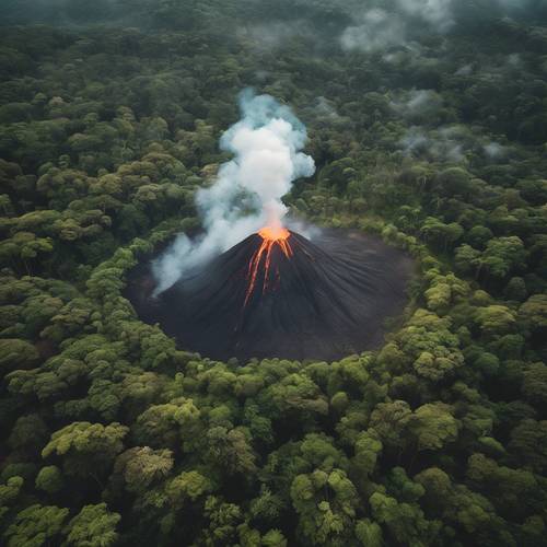A spectacular aerial view of a smoking volcano surrounded by a dense tropical rainforest.
