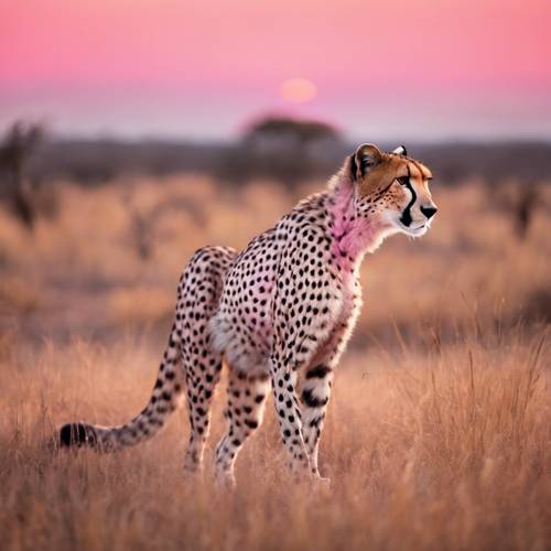 Seekor cheetah merah muda tua, duduk anggun di samping matahari terbenam yang cerah menghiasi Savannah Afrika.