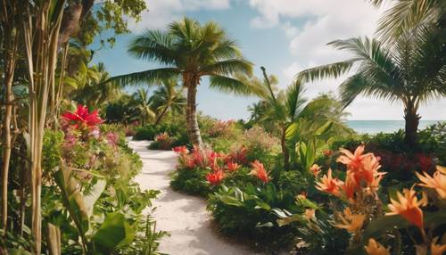 גן טרופי אידילי עם שביל בין פרחים אקזוטיים המוביל לחוף החול הלבן.
