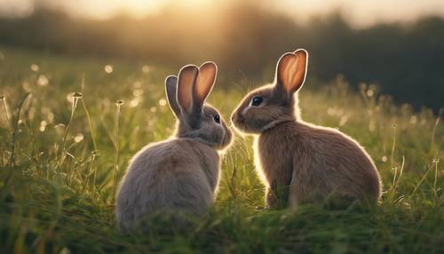 Sabah ışığına benzeyen yumuşak görünümleriyle, çiğle öpülmüş bir çayır üzerinde güneşin doğuşunu sessizce izleyen bir çift tavşan. duvar kağıdı [f08abc2e4b6a410eb805]