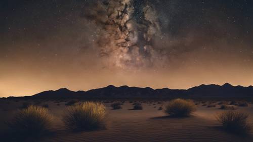 Una imagen pacífica de un desierto por la noche, la frase &#39;La vida es como un desierto, puede ser tranquila o tormentosa, pero al final siempre es hermosa&#39; en estrellas titilantes arriba.