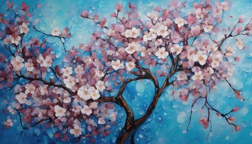 Lukisan abstrak bunga sakura biru memenuhi kanvas dengan rona cerahnya.