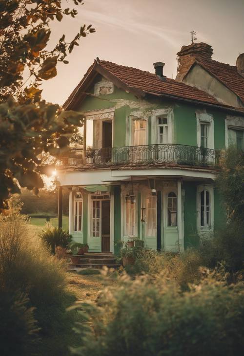 Une charmante maison de campagne baignée dans une aura sereine de vert sauge au coucher du soleil.