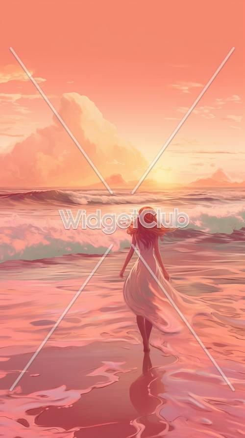 夕日が沈むビーチで流れるドレスを着た女の子との冒険
