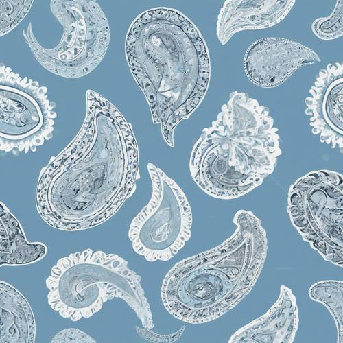 Uma coleção caótica de formas paisley erráticas em azul-claro em um espaço branco uniforme.