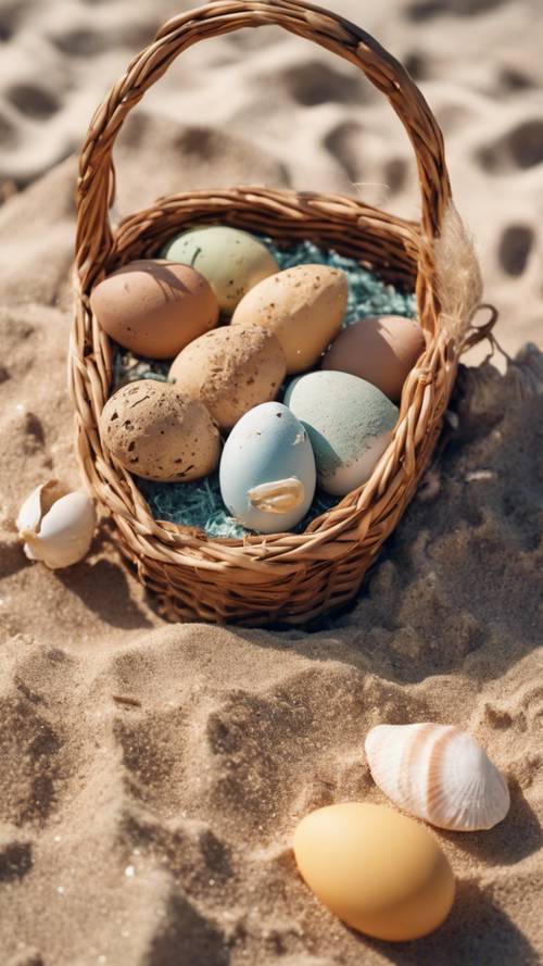 Wielkanocny piknik na plaży z kreatywnym zajączkiem z piasku i jajkami w muszlach.