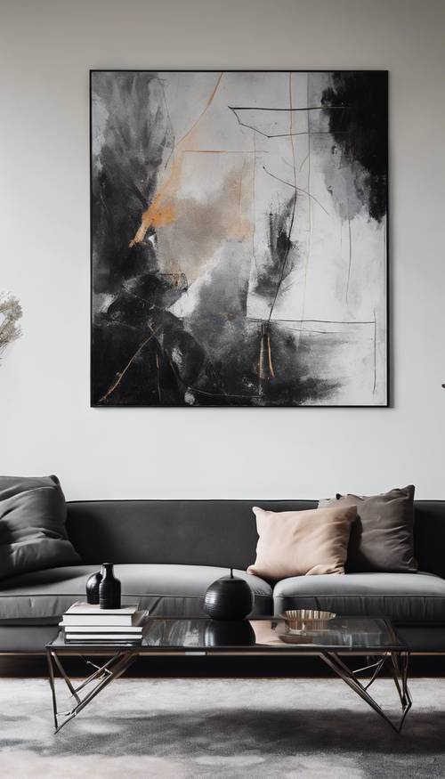 Ruang tamu minimalis modern dengan sofa hitam ramping, meja kopi logam geometris, dan lukisan abstrak besar di dinding putih bersih.
