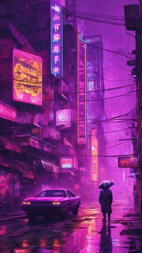 שלטי חוצות ניאון סגולים מאירים רחוב עירוני גס וגשום ביקום סייברפאנק.