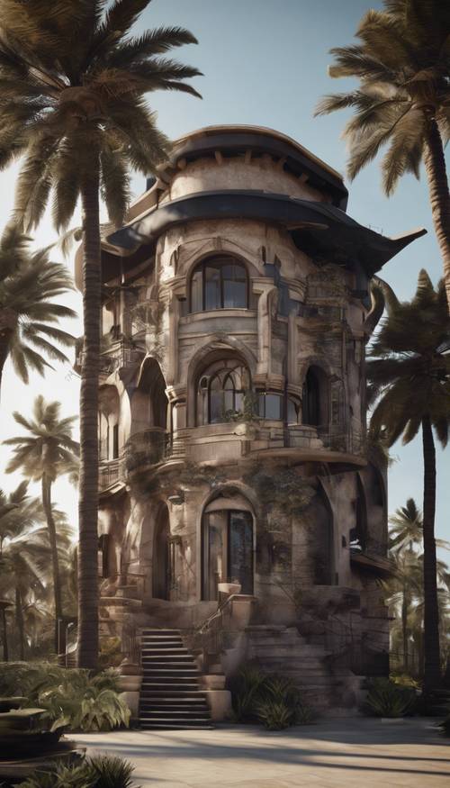 Renderização 3D de uma estrutura arquitetônica adornada com palmeiras escuras.
