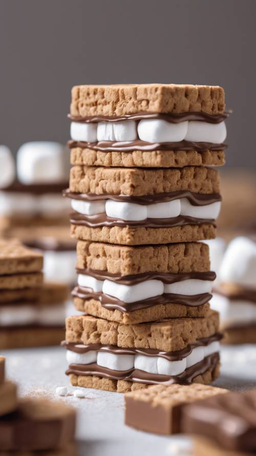A close-up of fluffy marshmallows resting on a bed of graham crackers and rich milk chocolate, ready for making smores.