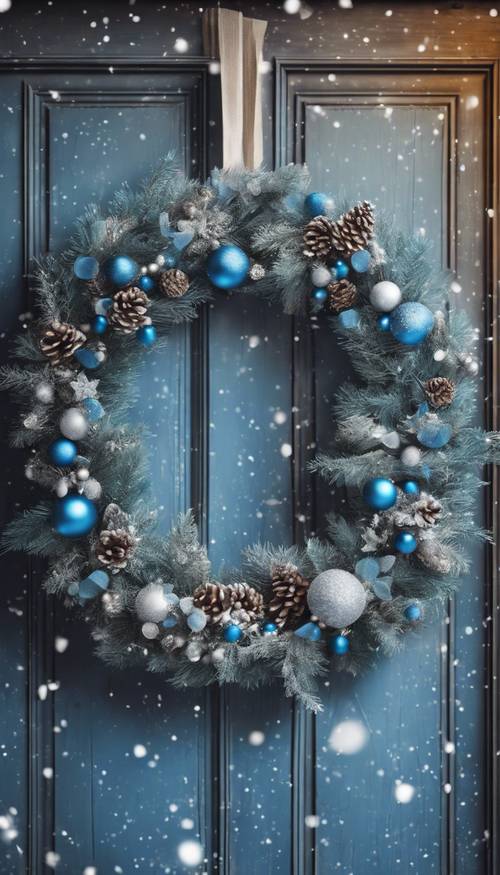 A rustic blue Christmas wreath on a wooden door with snowflakes falling around