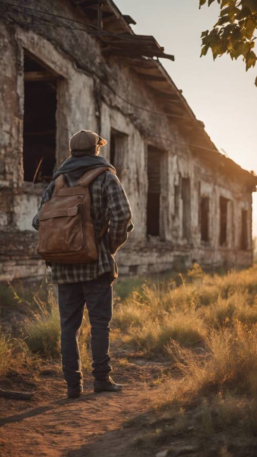 Một người đàn ông mộc mạc đang khám phá và chụp ảnh một tòa nhà cũ bị bỏ hoang chìm trong ánh sáng dịu nhẹ của hoàng hôn.
