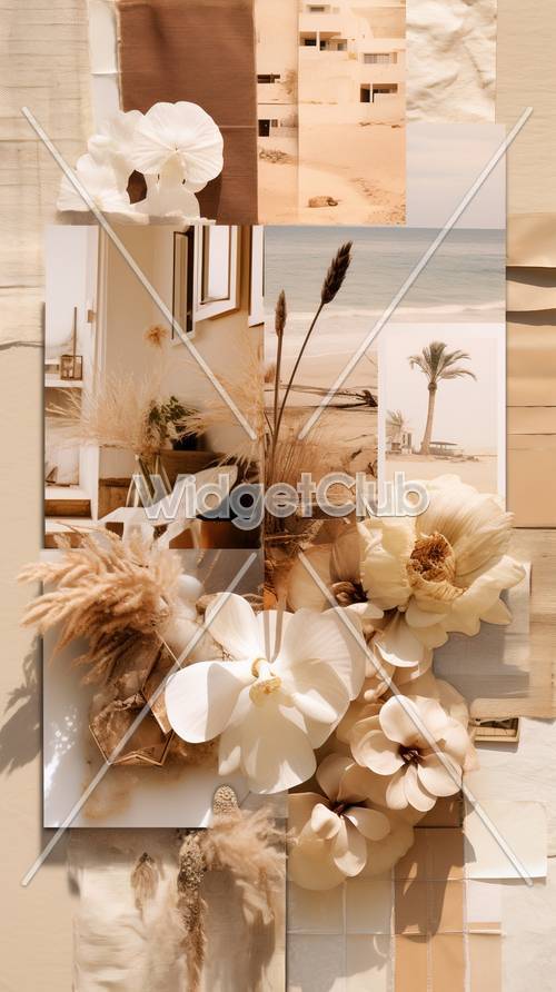 Collage de decoración floral y playa soleada