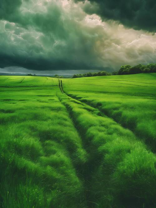 Uma pintura de um campo verde sob um céu tempestuoso e animado, com uma citação sobre como enfrentar a tempestade.