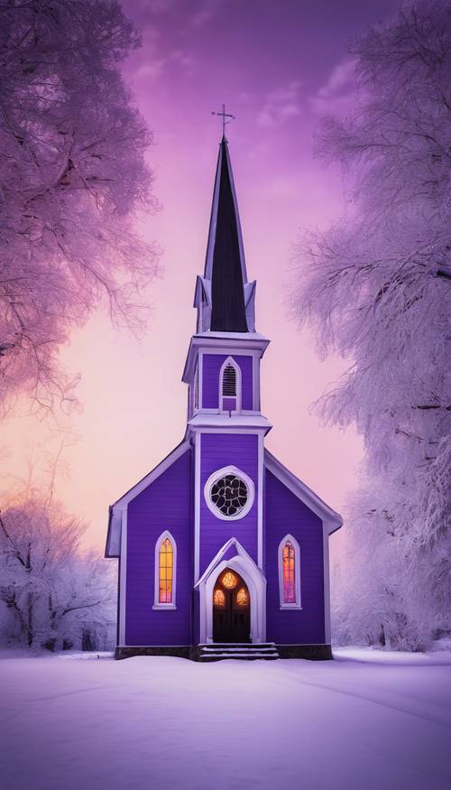 A charming country church blanketed in snow, lit from within, casting a purple hue across the scene.