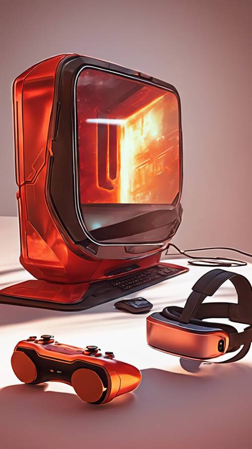 ภาพวาดดิจิทัลของเกมคอนโซลแห่งอนาคตในธีมสีแดงและสีส้มพร้อมชุดหูฟัง VR