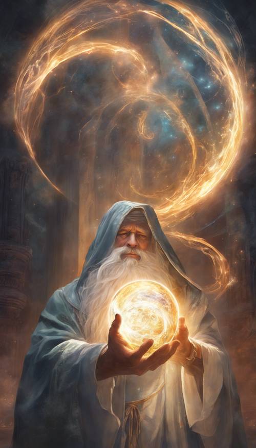 A powerful wizard casting a swirling magical orb of pure energy. Tapetai [a24b24f234304ab7bd55]