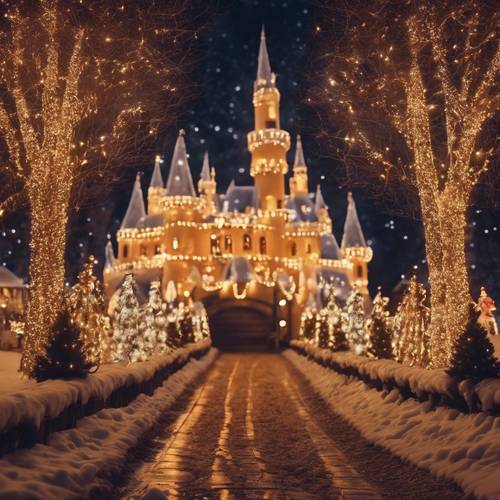 A grand Christmas castle illuminated with thousands of holiday lights, creating a path for the magical sleigh. Tapet [8b826bcd494346ab9881]