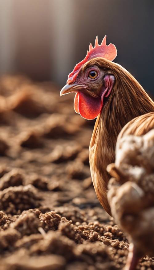 A close-up of a brown hen in a farm, pecking grains from the ground