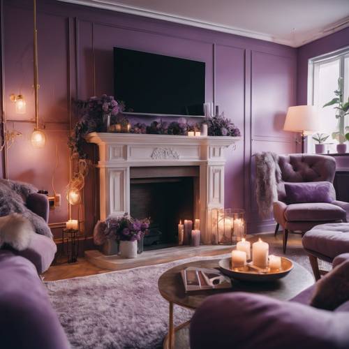 A cozy interior of a room with soft purple walls, plush furnishings, and a warm inviting fireplace. Divar kağızı [02939191a3ed4900a51a]