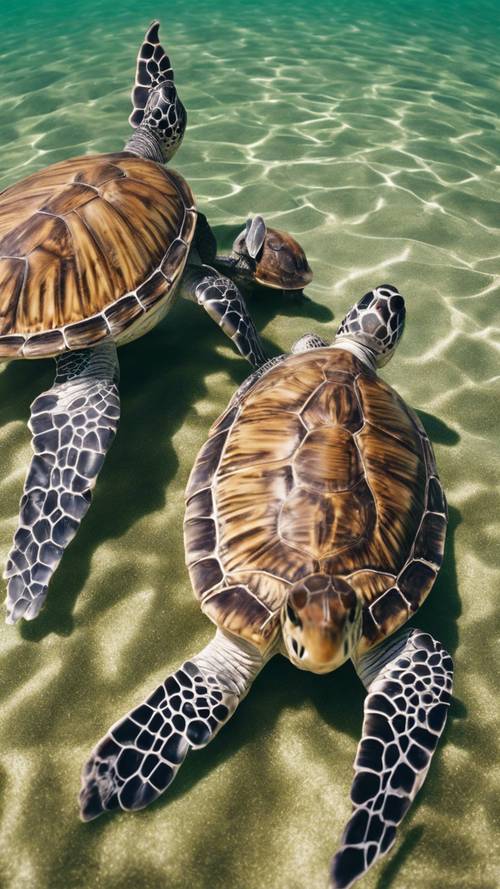 밝은 열대 태양 아래 해초 바닥을 갉아먹고 있는 바다거북 무리.