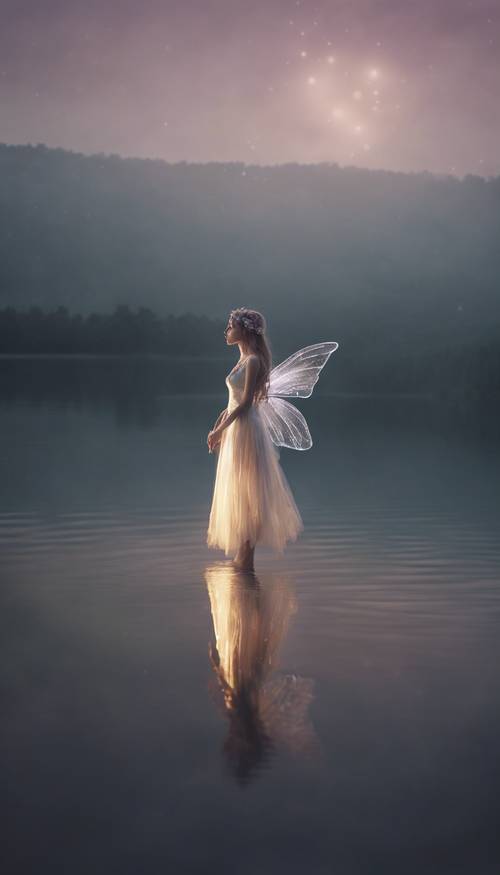 Una fata eterea in piedi sulla riva di un lago nebbioso, che illumina la notte oscura con il suo bagliore iridescente.