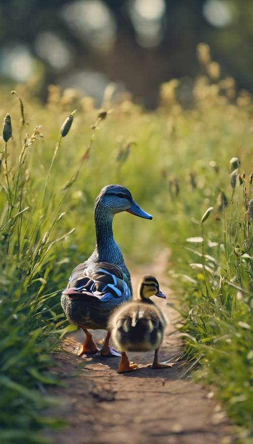 A mother blue duck leading her line of ducklings across a grassy field.