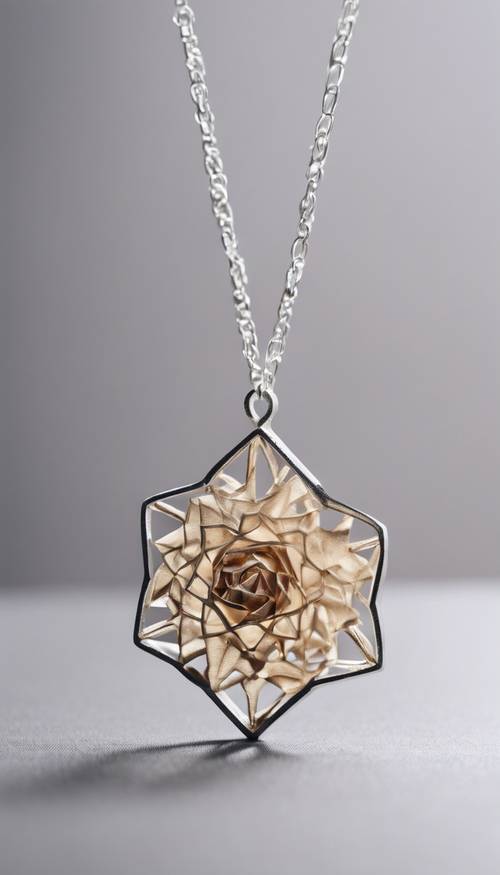 Um pingente floral geométrico impresso em 3D exclusivo pendurado em uma delicada corrente de prata.