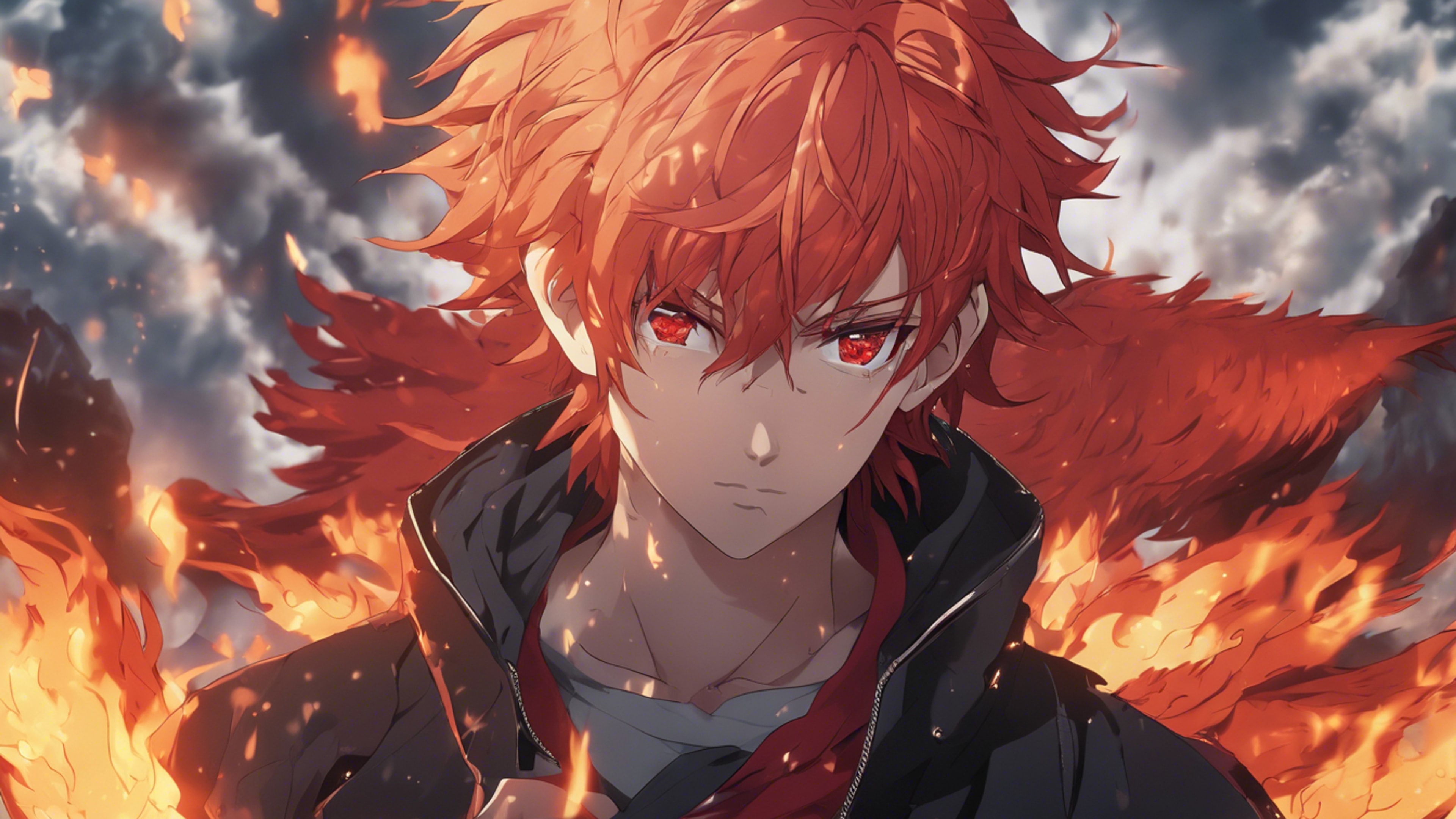 An anime boy with striking red hair and phoenix eyes standing amid flames. Wallpaper[1e7f0b8f53424f7d9857]